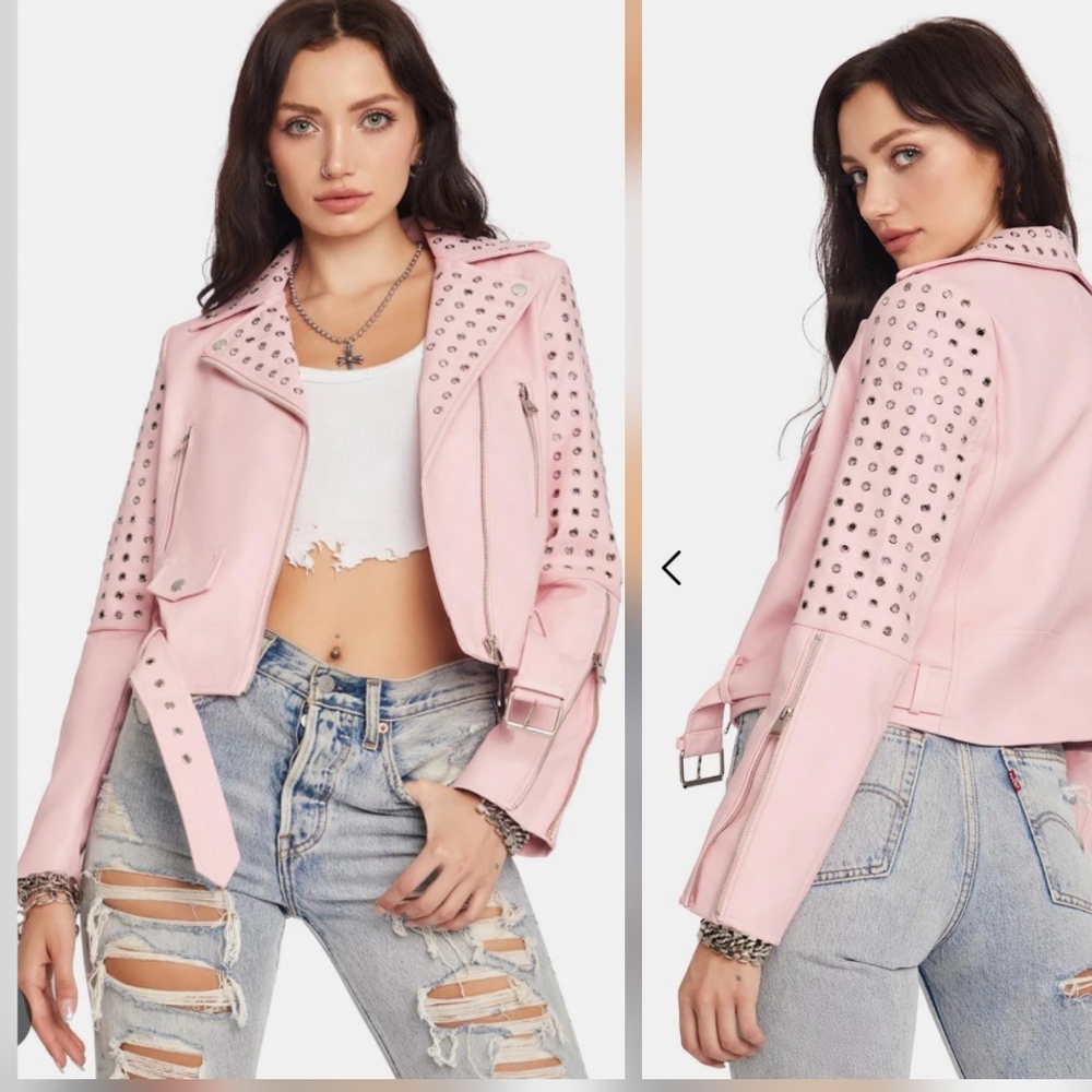 Azalea Wang Plus Rosalita Grommet Pink Faux Leather Moto Jacket Size 1X - Picture 17 of 17